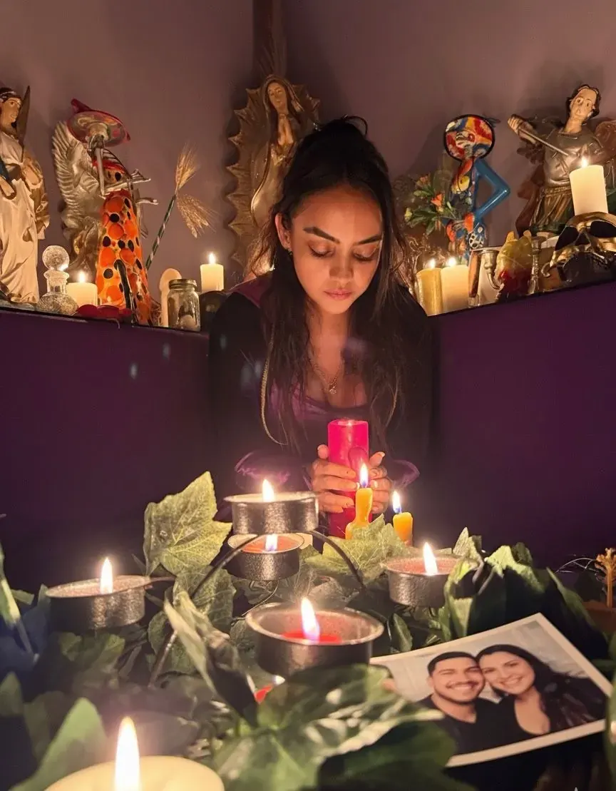 La Maestra Sara sostiene una vela roja junto a la foto de una pareja, rodeada de velas encendidas
